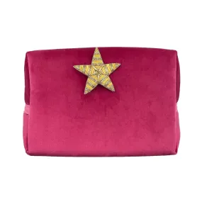 Bright pink make-up bag and a gold star pin - recycled velvet