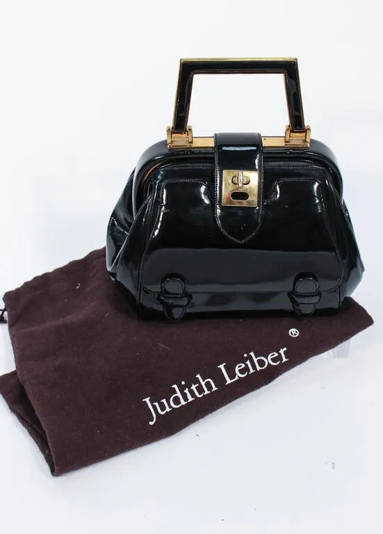 JUDITH LEIBER Rare 1960s Black and Gold Patent Leather Petite Purse